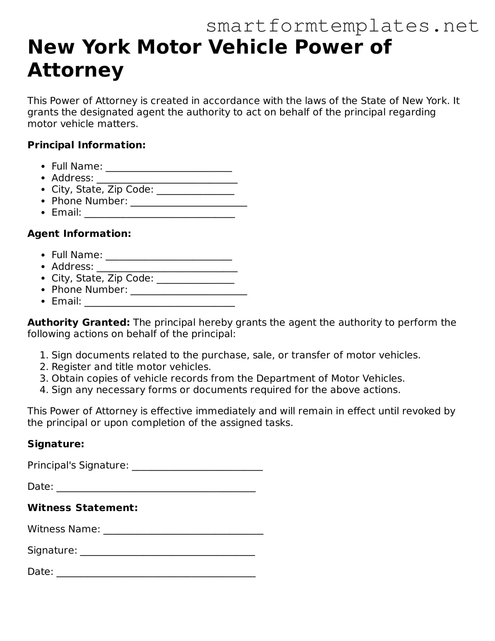 Official New York Motor Vehicle Power of Attorney Form
