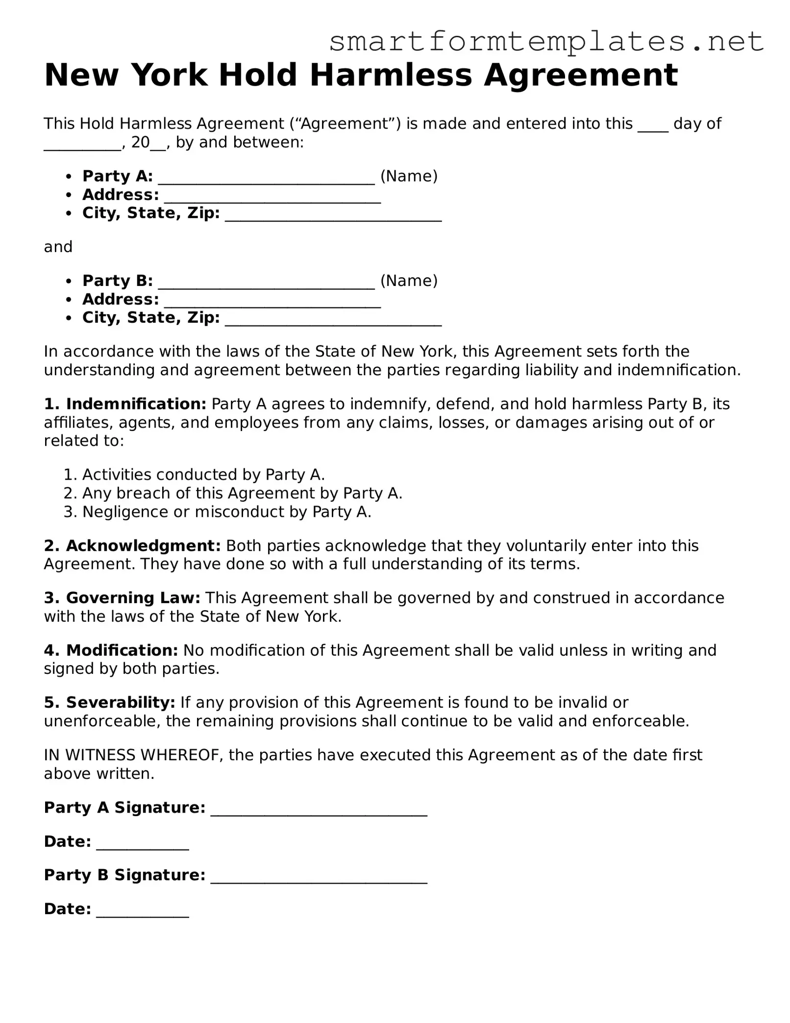 Official New York Hold Harmless Agreement Form