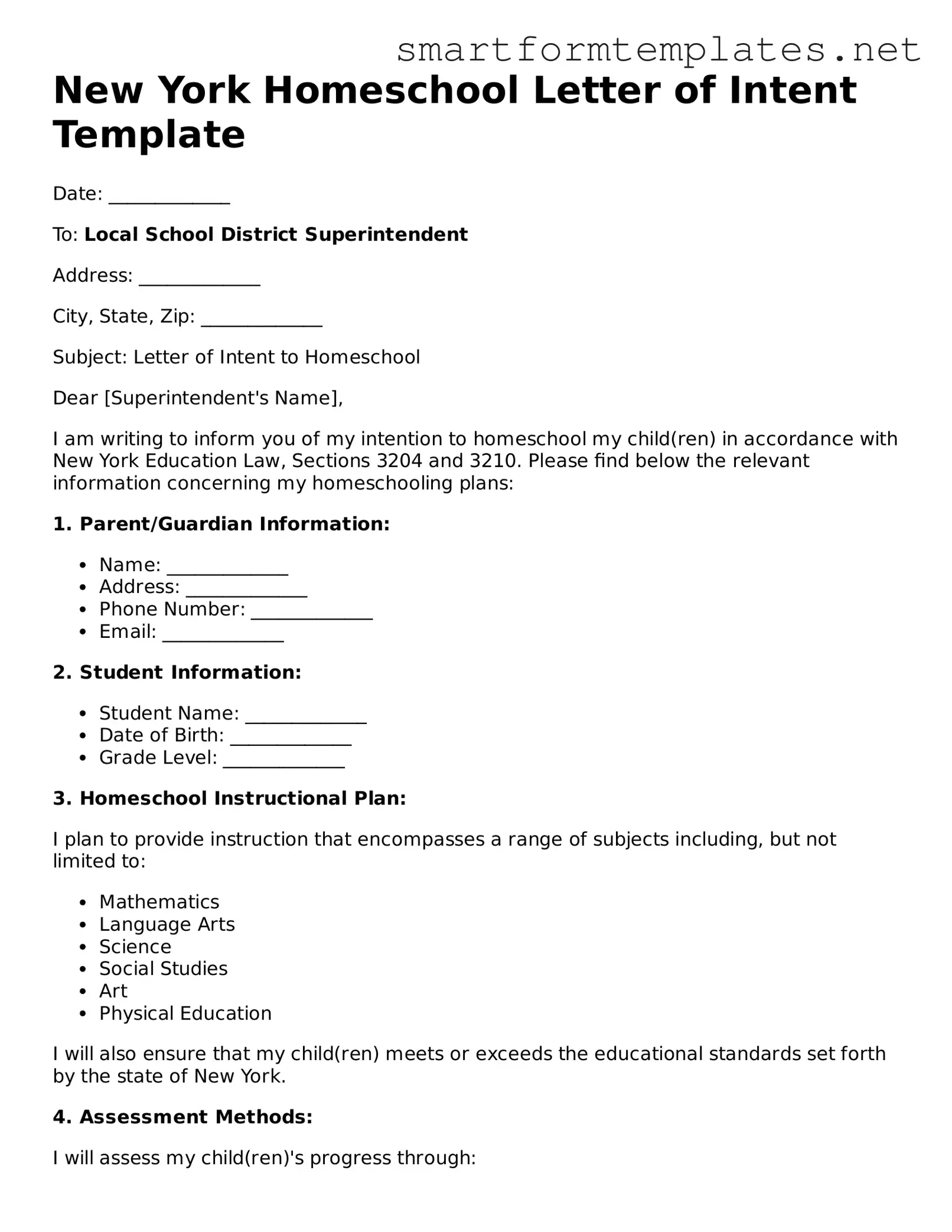 Official New York Homeschool Letter of Intent Form
