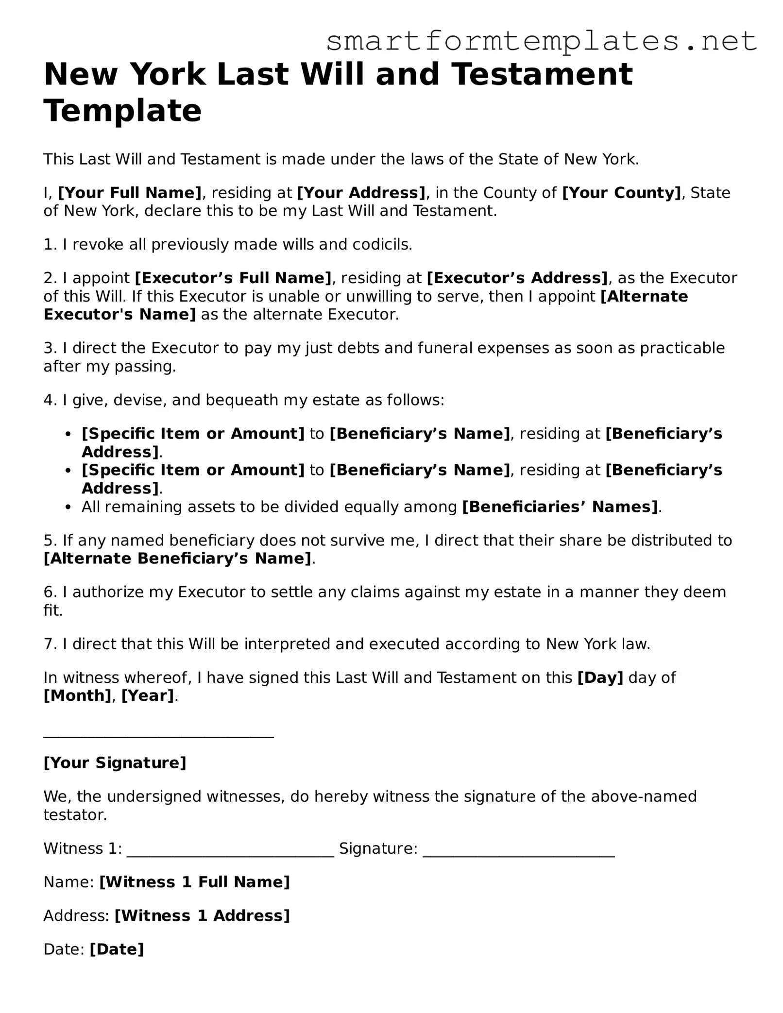 Official New York Last Will and Testament Form