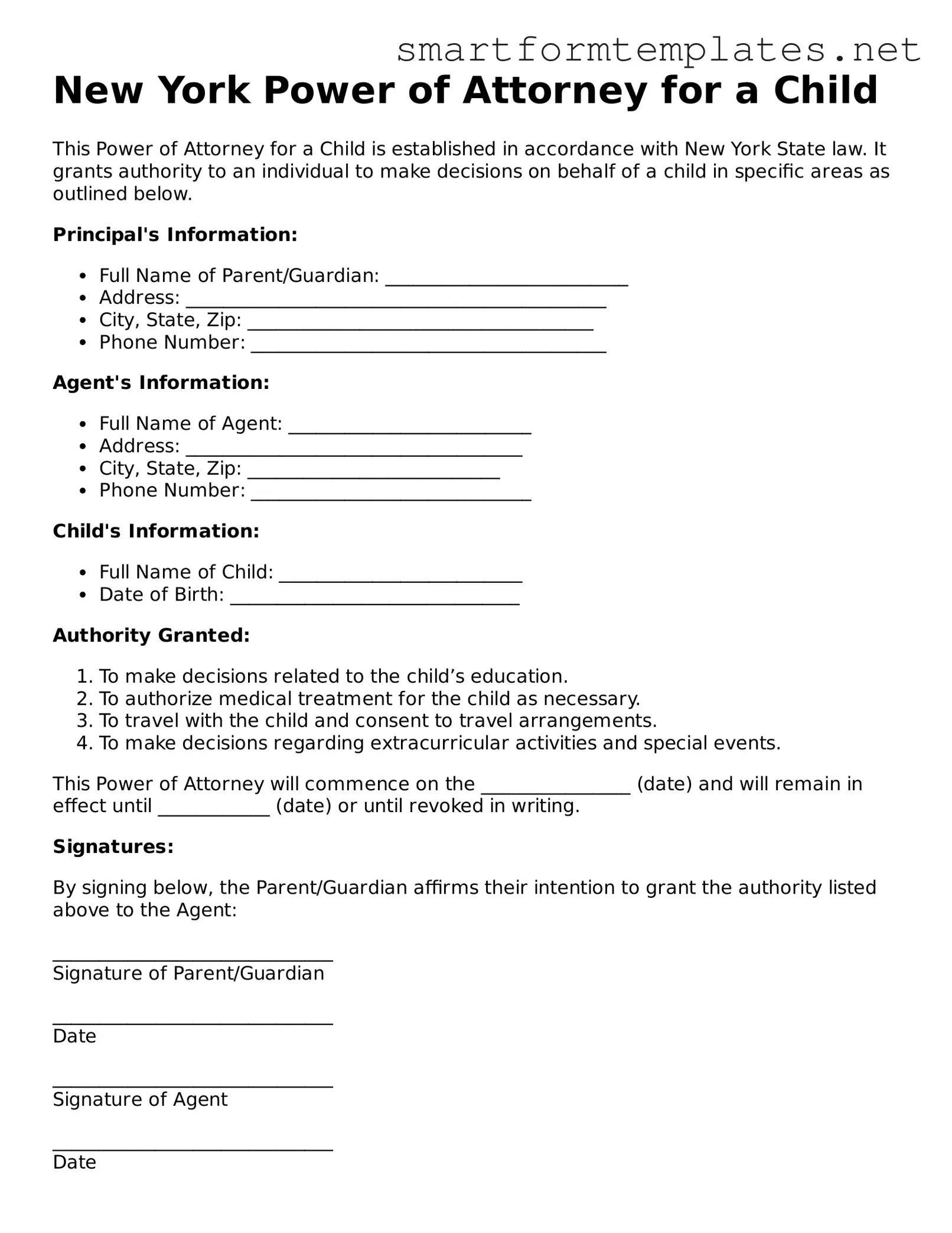 Official New York Power of Attorney for a Child Form