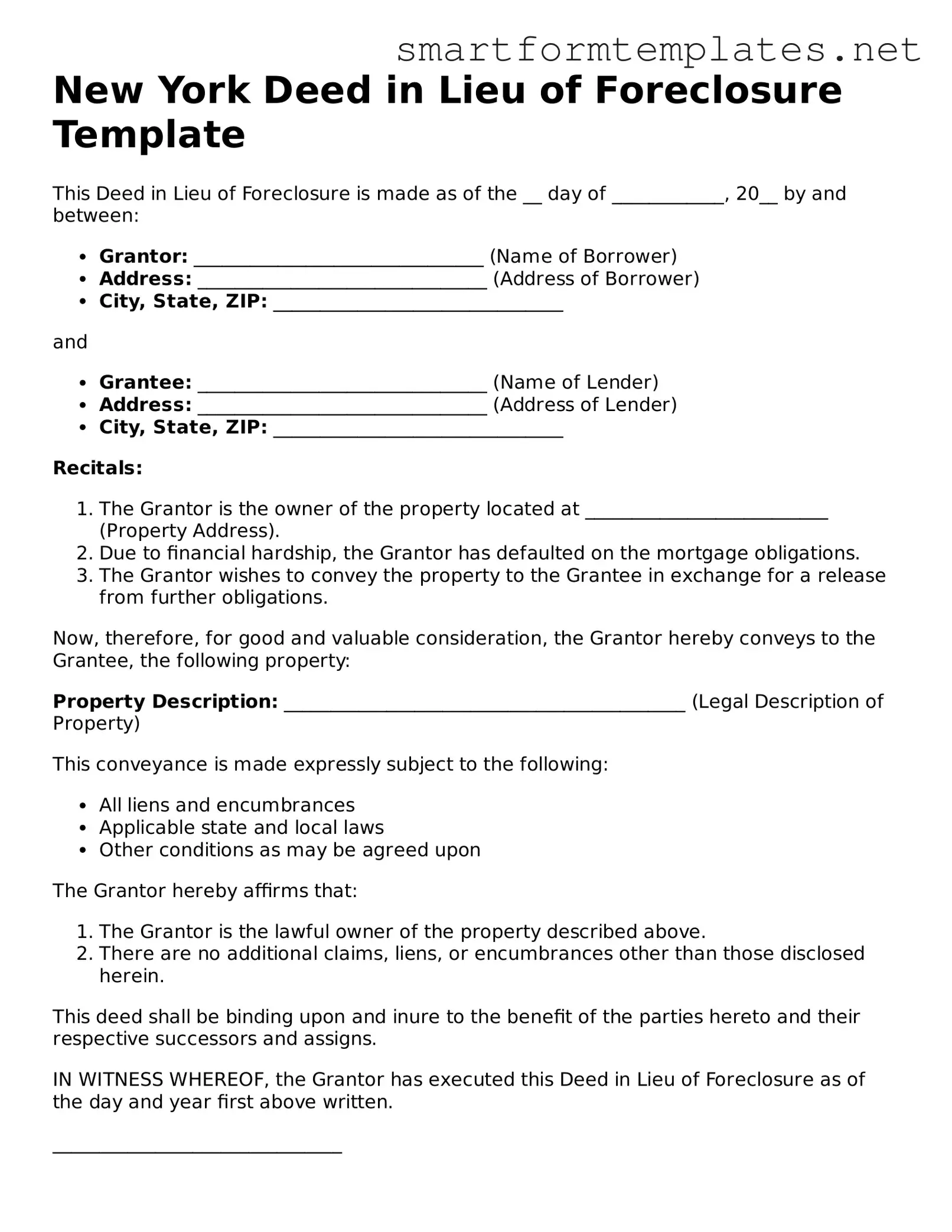 Official New York Deed in Lieu of Foreclosure Form