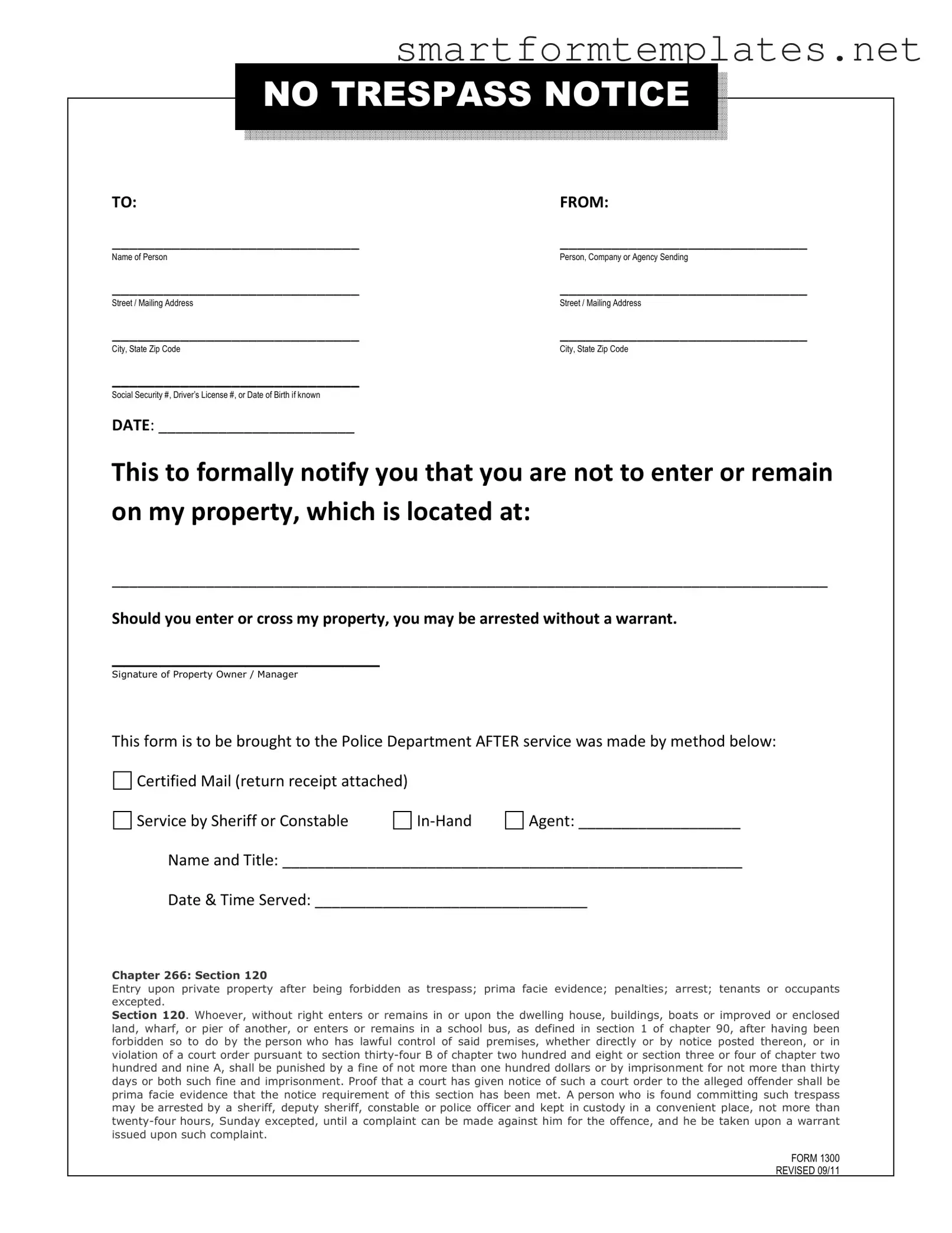 Free No Trespassing Letter PDF Form