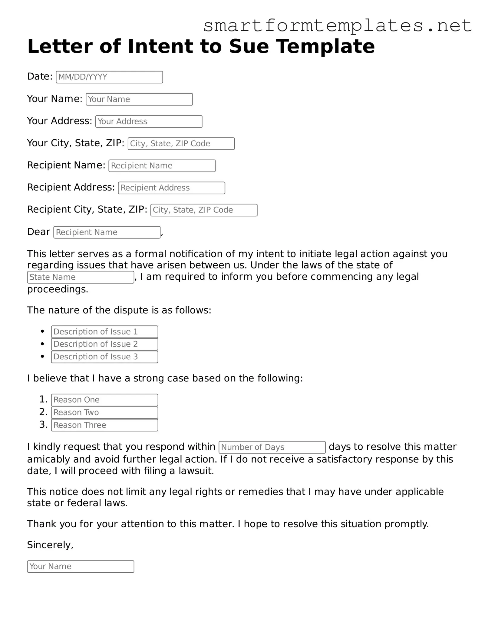 Letter of Intent to Sue Template