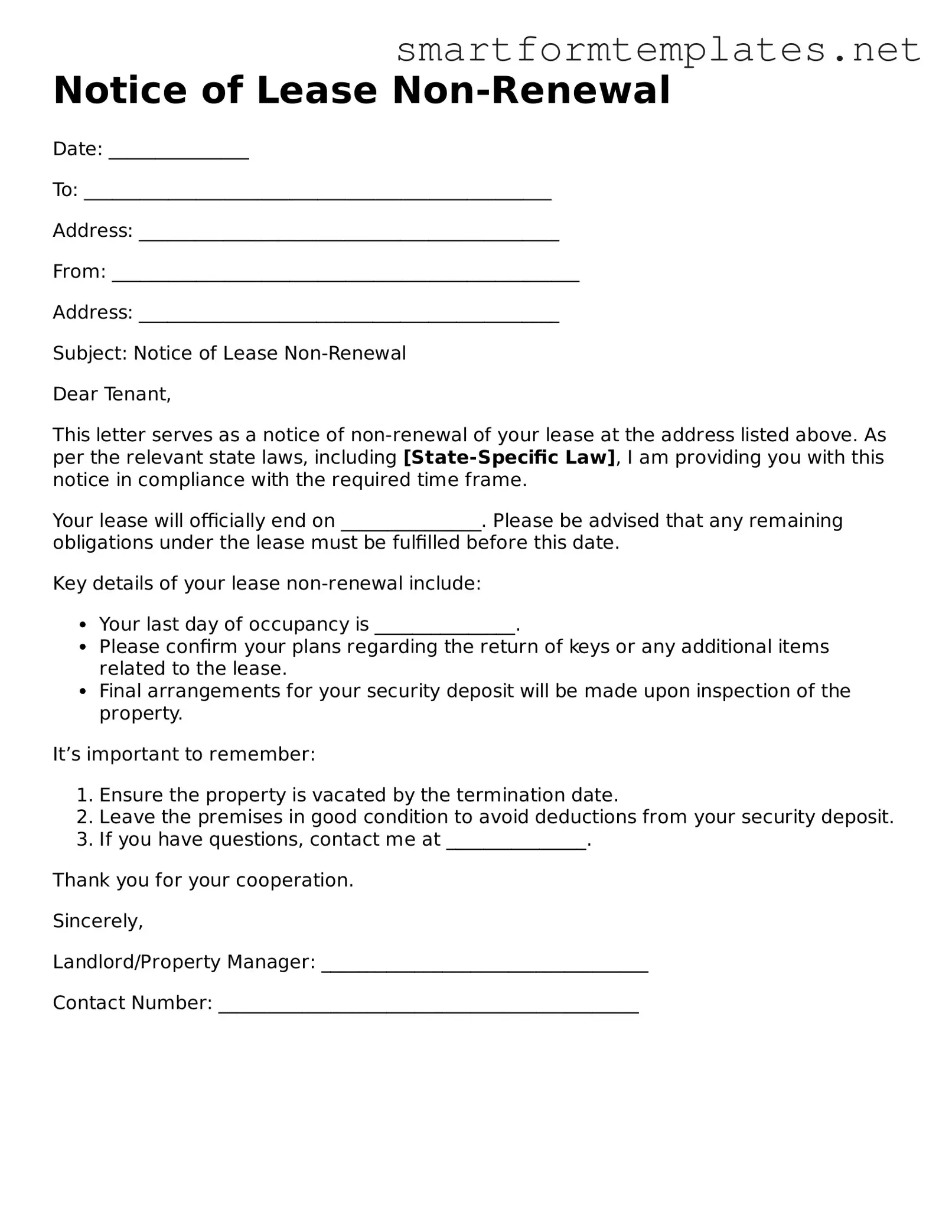 Notice of Lease Non-Renewal Template