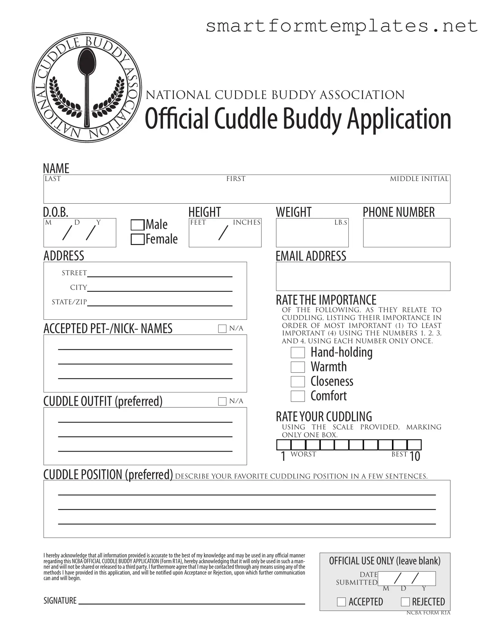 Free Cuddle Buddy Application PDF Form