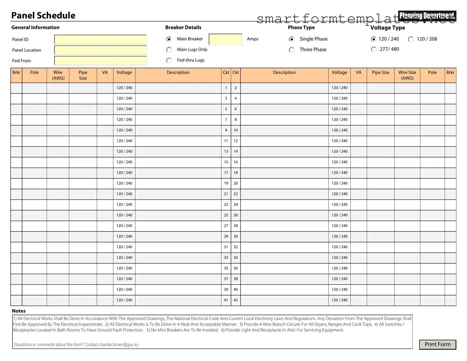 Free Electrical Panel Schedule PDF Form