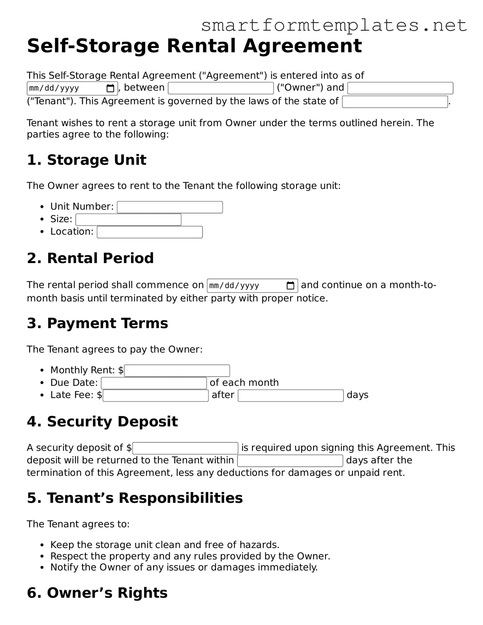 Self-Storage Rental Agreement Template