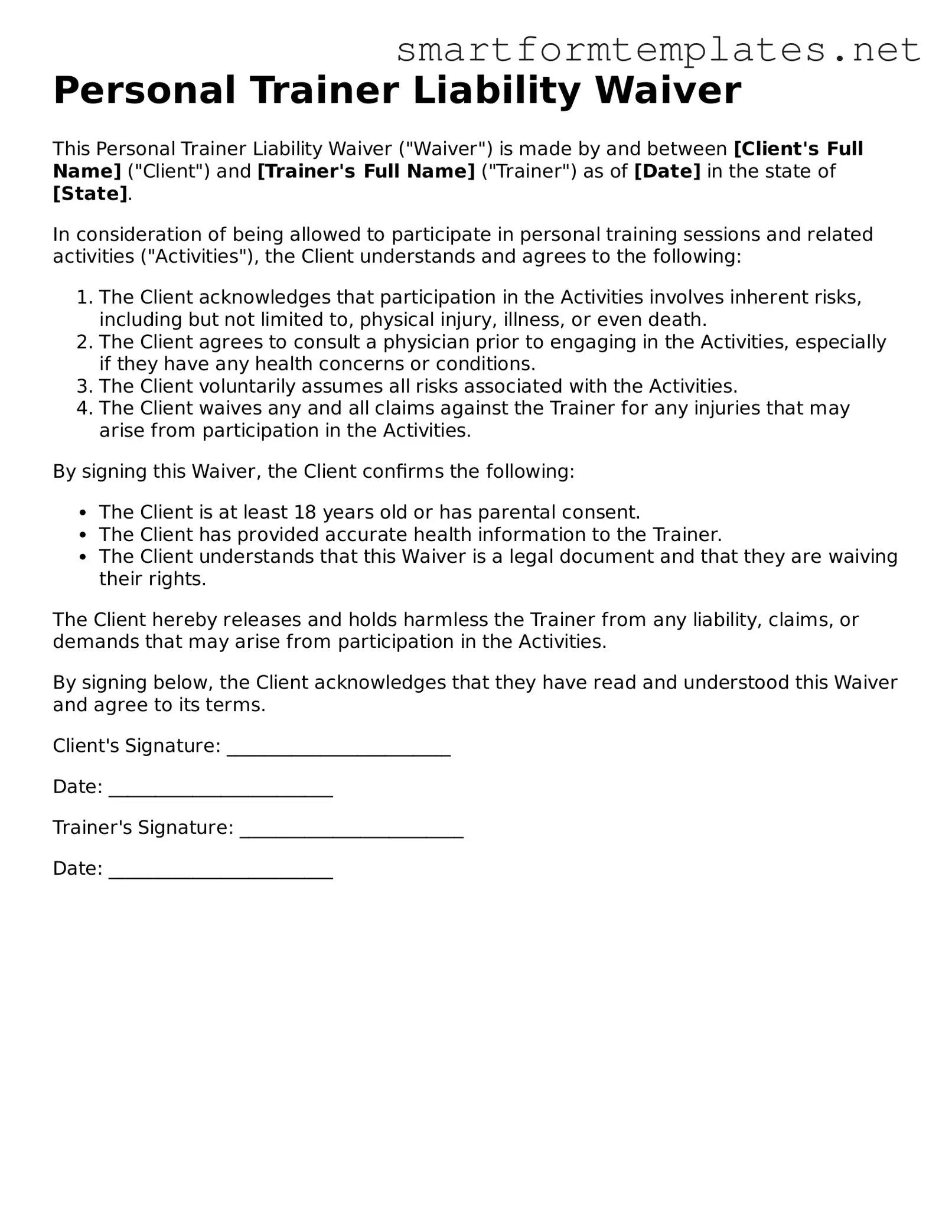 Personal Trainer Liability Waiver Template