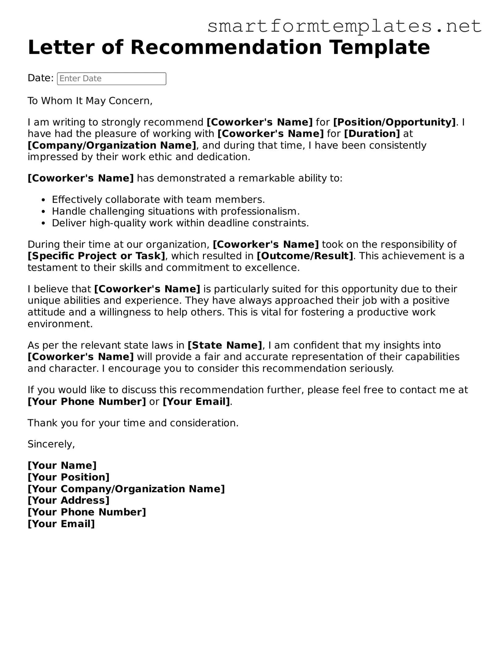 Letter of Recommendation for Coworker Template