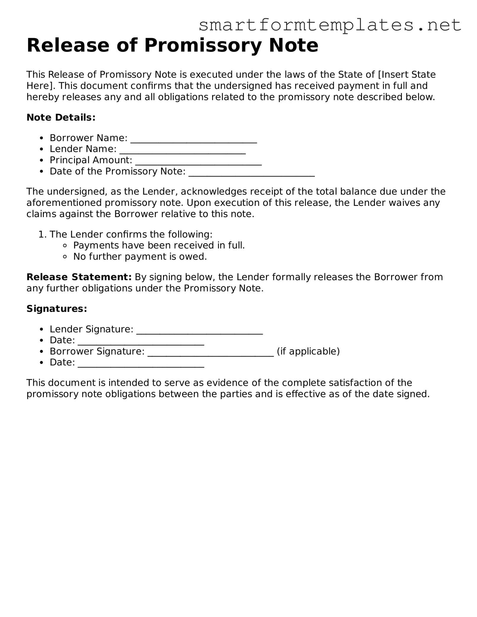 Release of Promissory Note Template