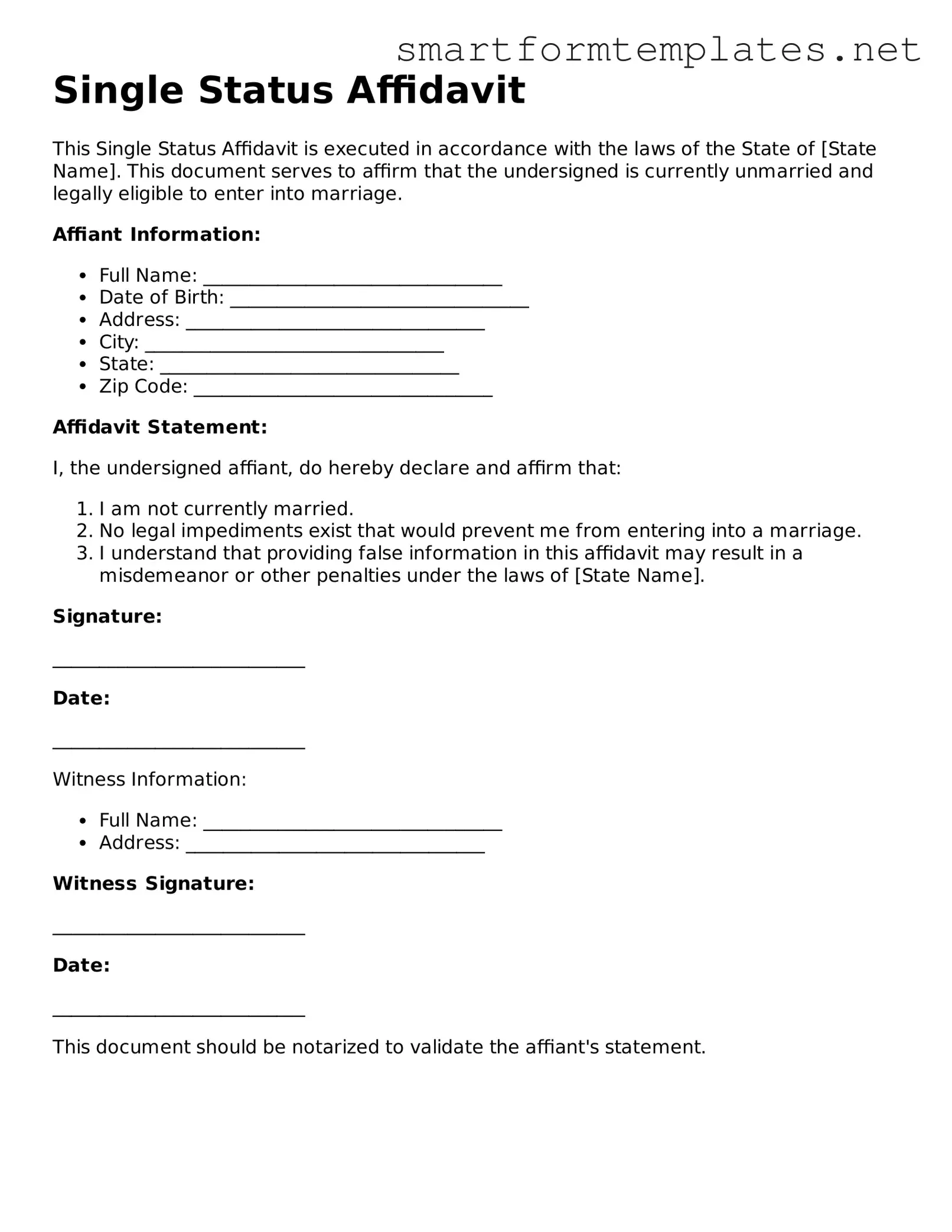 Single Status Affidavit Template