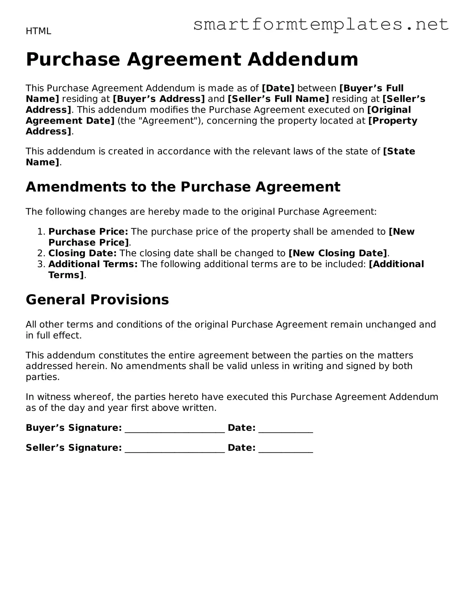 Purchase Agreement Addendum Template