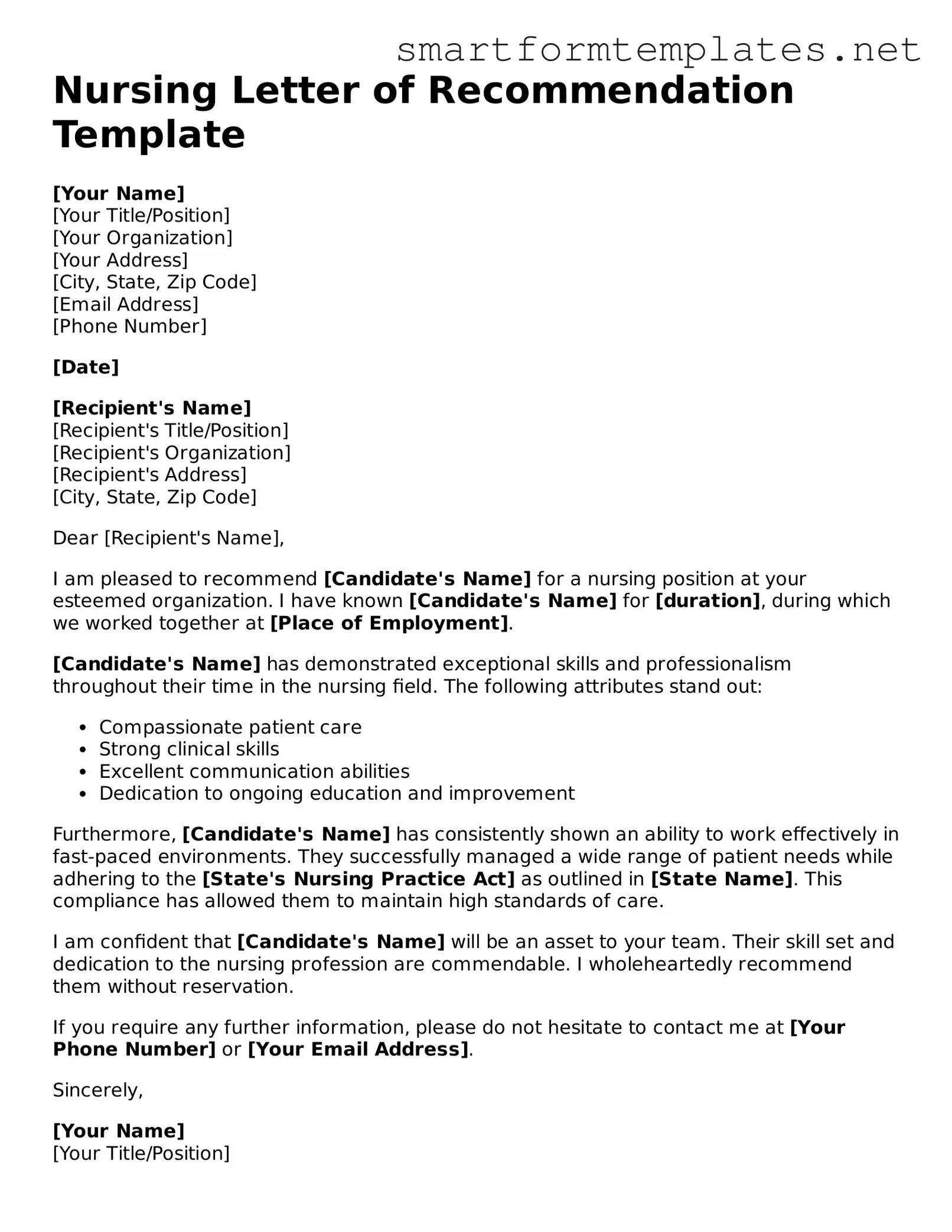 Nursing Letter of Recommendation Template