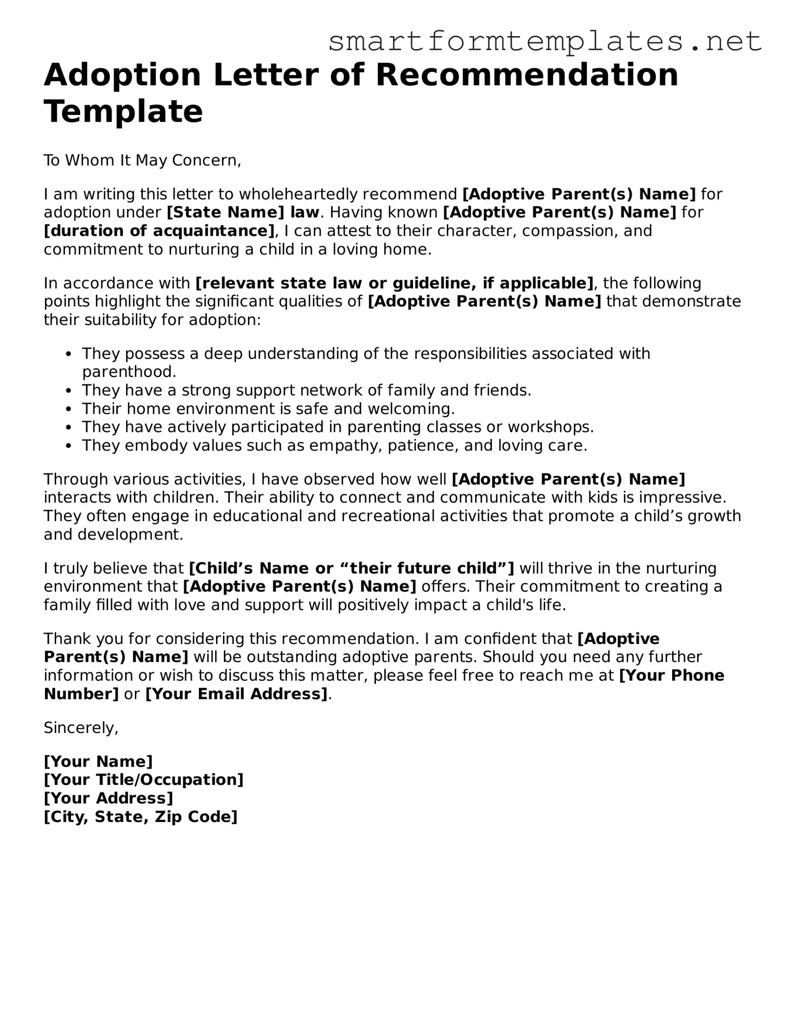 Adoption Letter of Recommendation Template