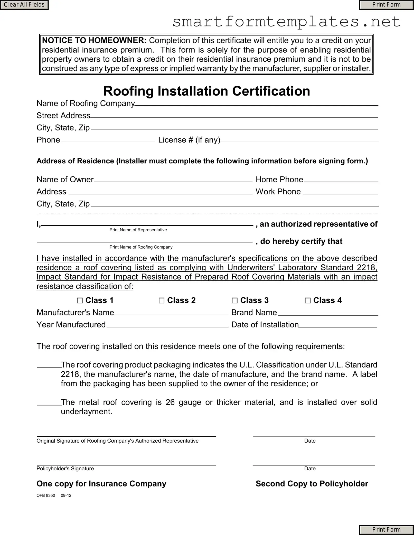 Free Roofing Certificate PDF Form