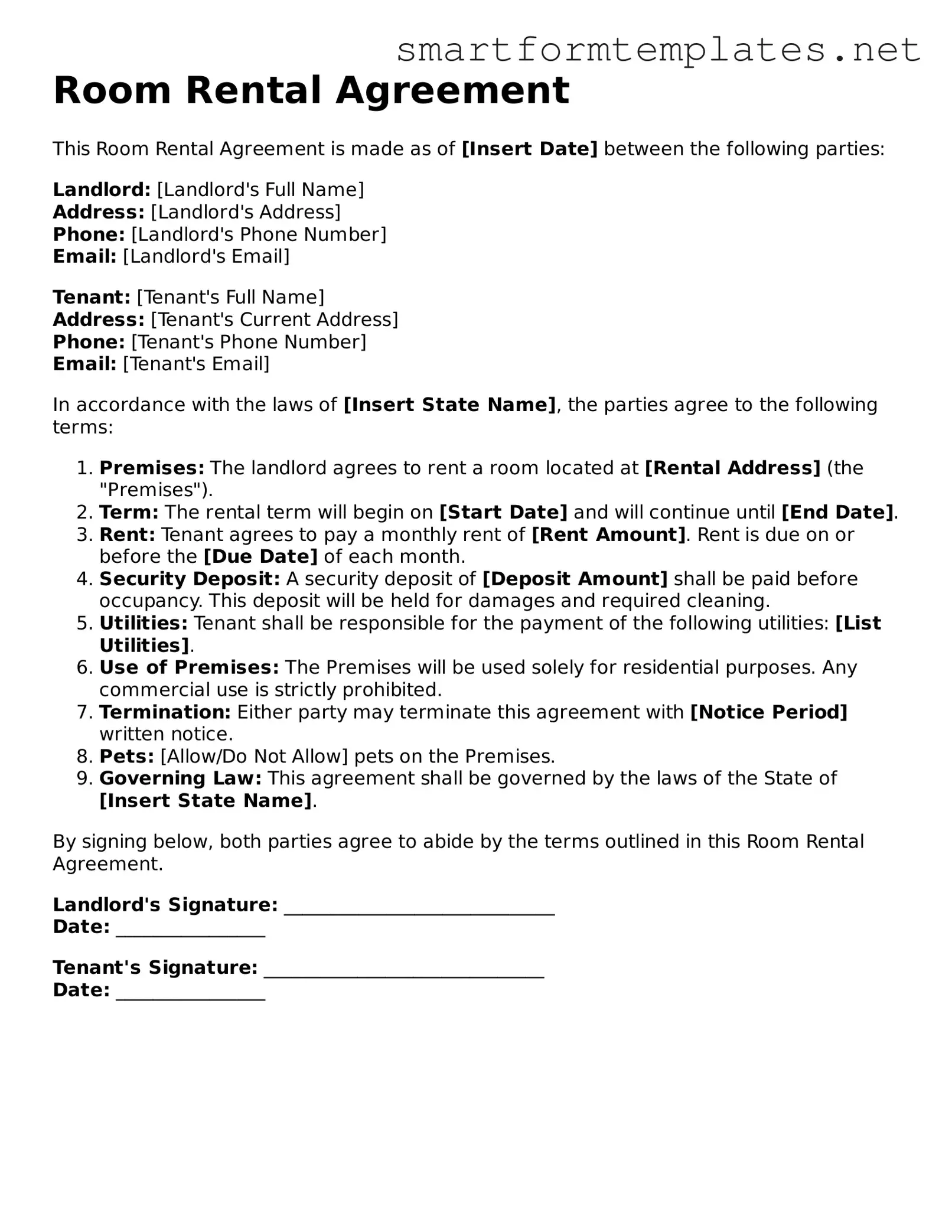 Room Rental Agreement Template