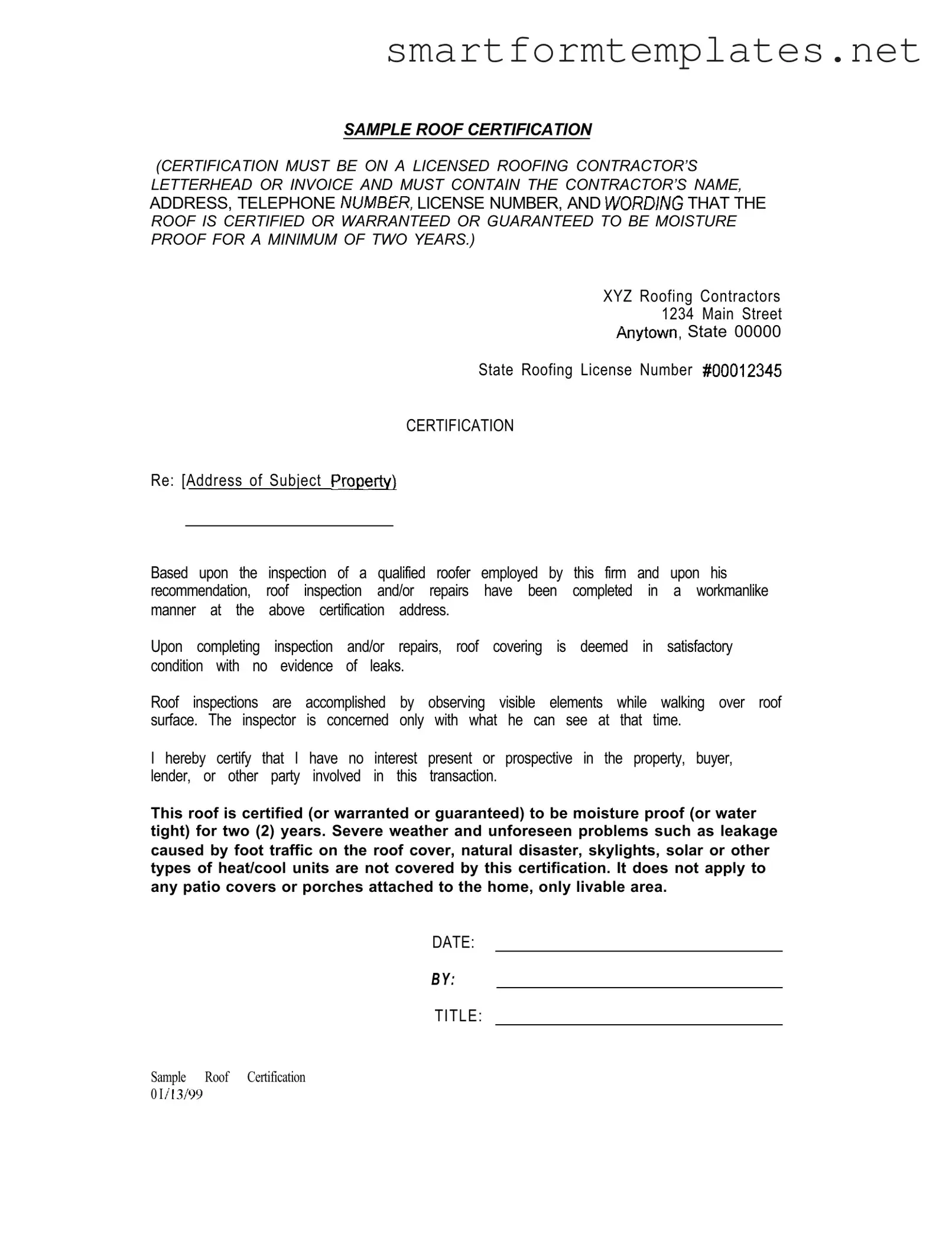 Free Sample Roof Certification PDF Form