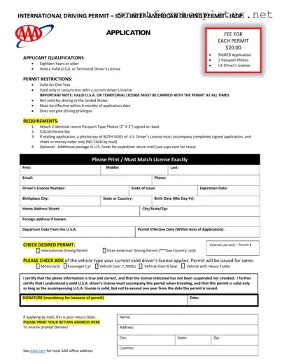 Free Aaa International Driving Permit Application PDF Form