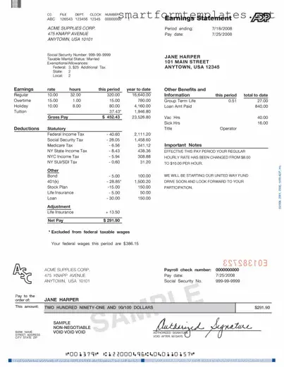Free Adp Pay Stub PDF Form