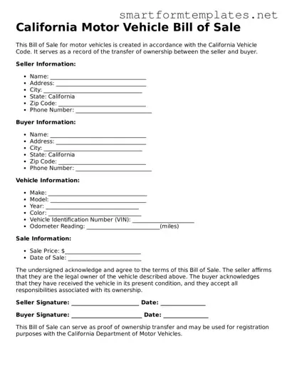 Official California Motor Vehicle Bill of Sale Form