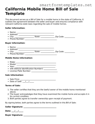 Official California Mobile Home Bill of Sale Form
