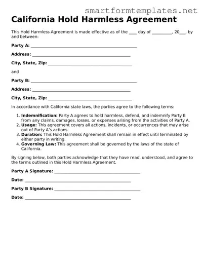 Official California Hold Harmless Agreement Form