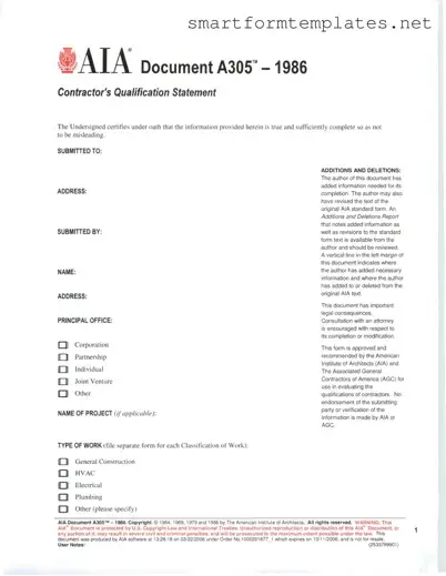 Free AIA A305 PDF Form