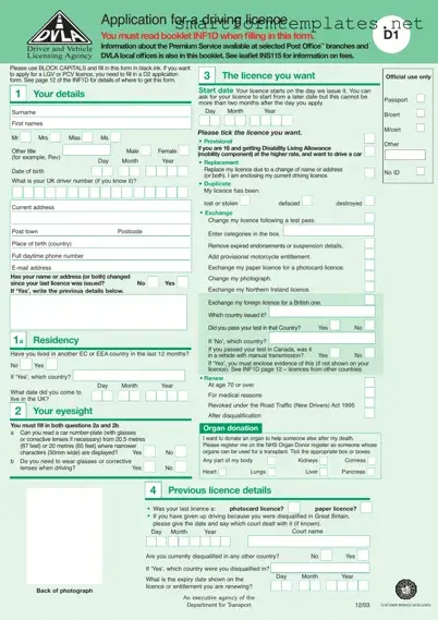 Free D1 Dvla PDF Form