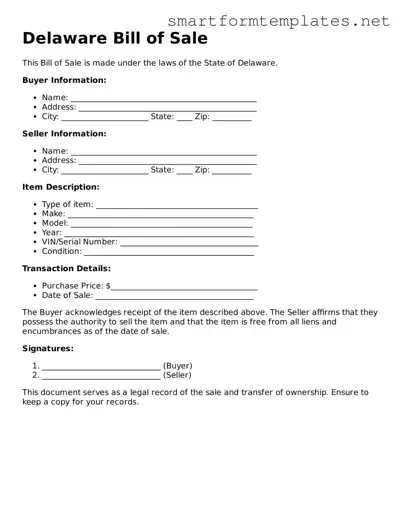 Official Delaware Bill of Sale Form