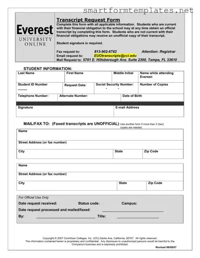 Free Everest University Transcript PDF Form
