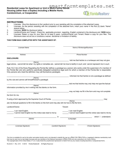 Free Florida Realtors Residential Lease PDF Form