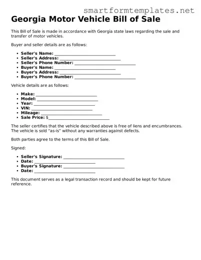 Official Georgia Motor Vehicle Bill of Sale Form