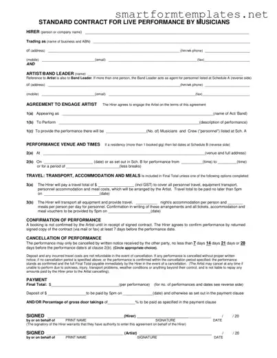 Free Live Performance Contract PDF Form