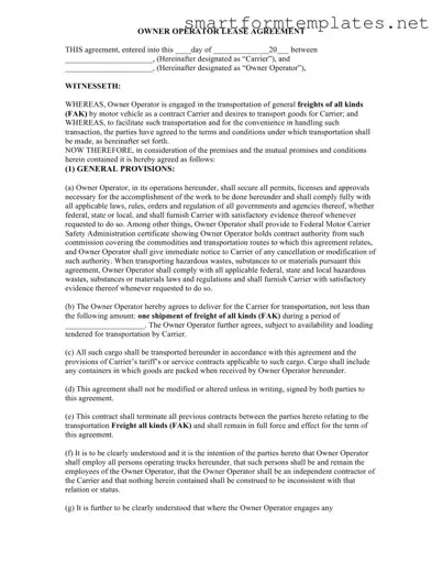 Free Owner Operator Lease Agreement PDF Form