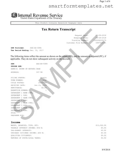 Free Sample Tax Return Transcript PDF Form
