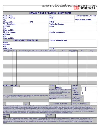 Free Straight Bill Of Lading PDF Form