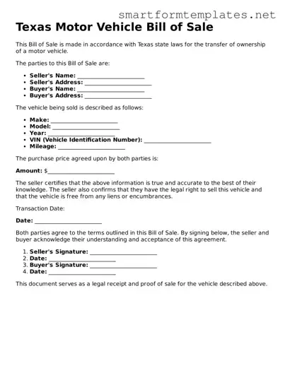 Official Texas Motor Vehicle Bill of Sale Form