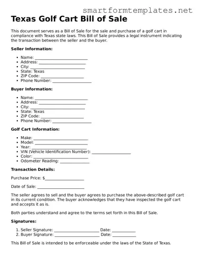 Official Texas Golf Cart Bill of Sale Form
