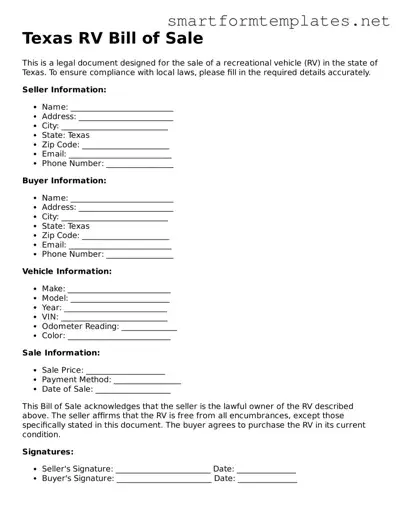 Official Texas RV Bill of Sale Form
