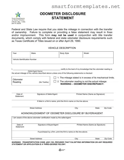 Free Texas Odometer Statement PDF Form