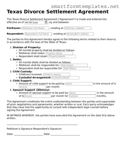Official Texas Divorce Settlement Agreement Form