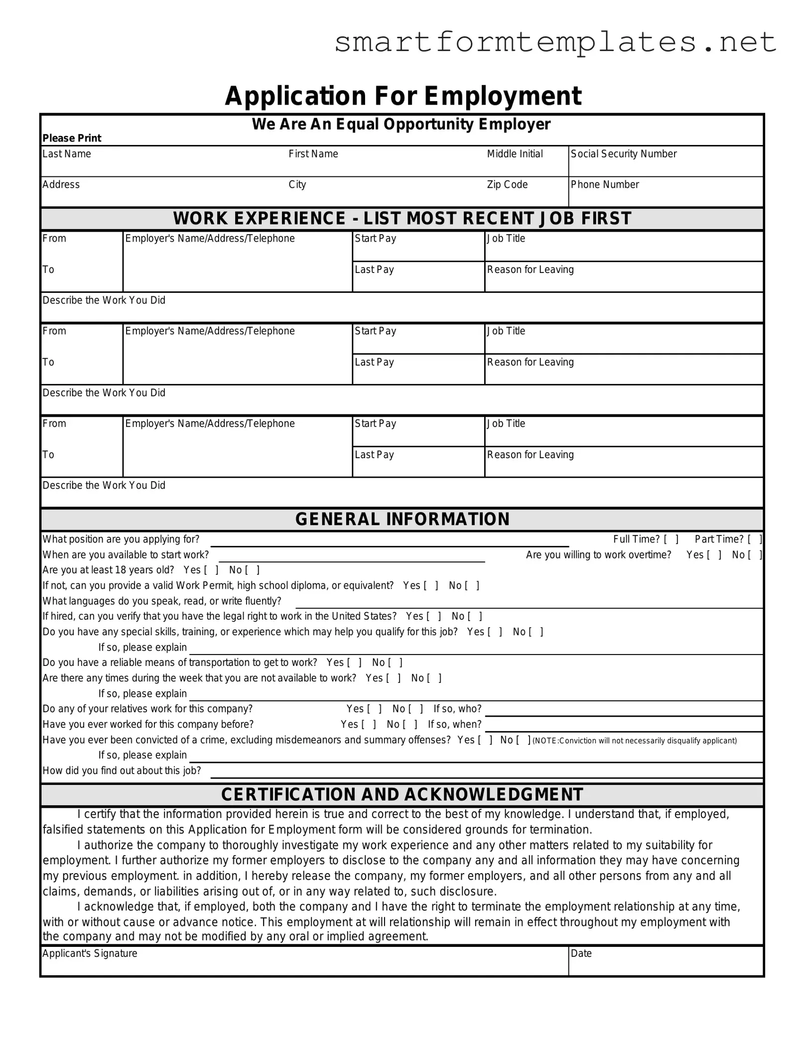 Free Spanish Application Employment PDF Form