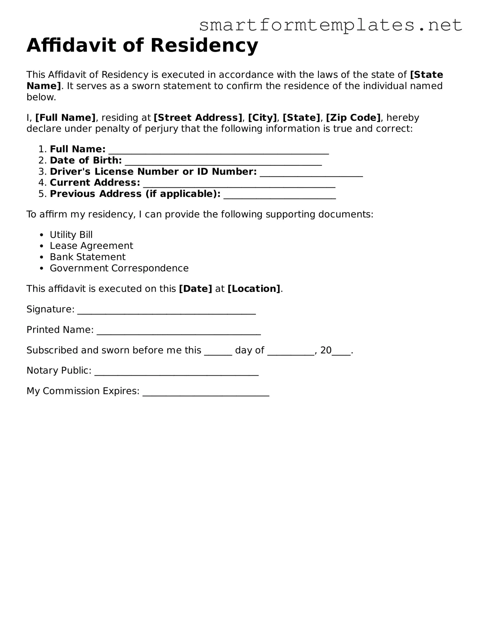 Affidavit of Residency Template