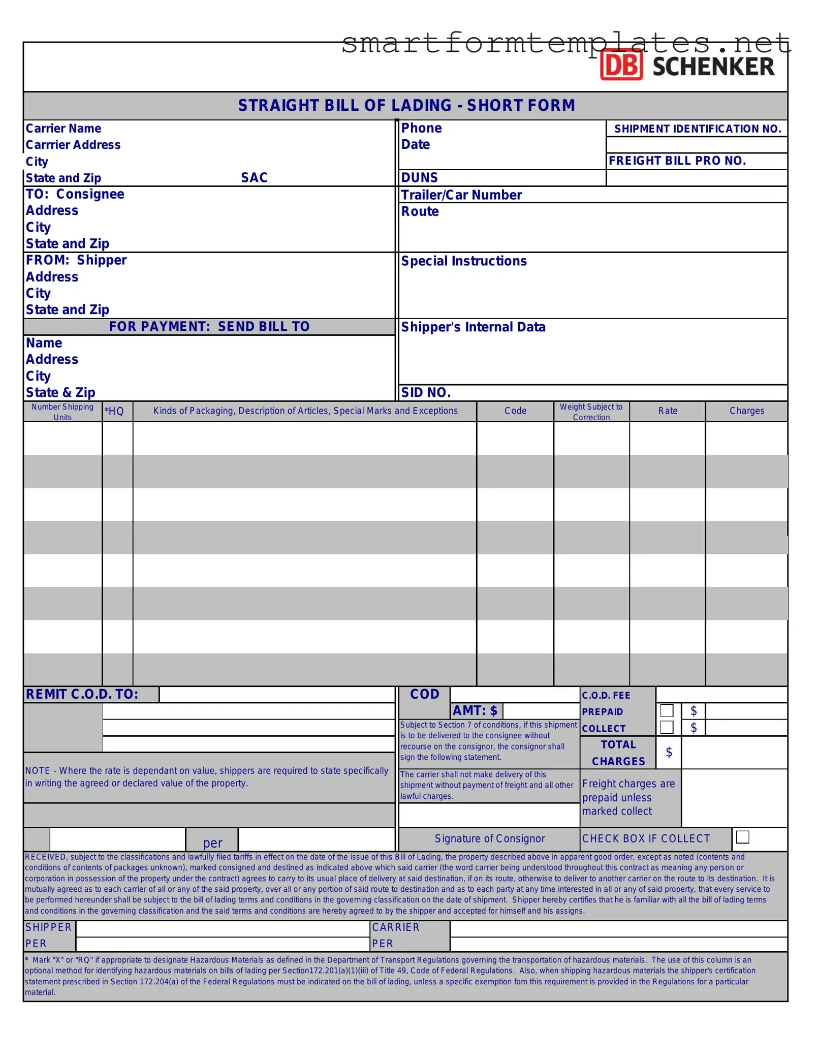 Free Straight Bill Of Lading PDF Form