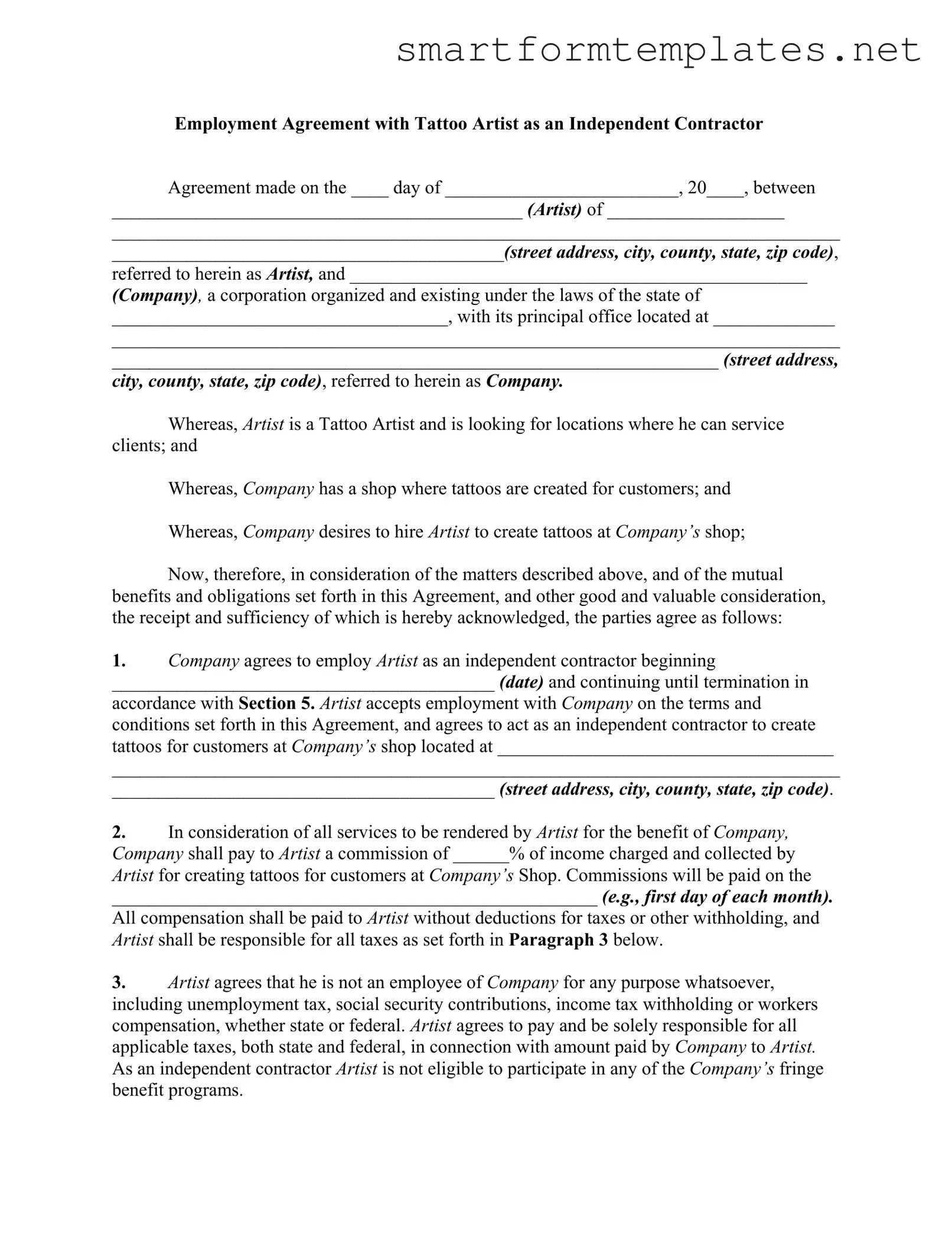 Free Tattoo Shop Artist Agreement PDF Form