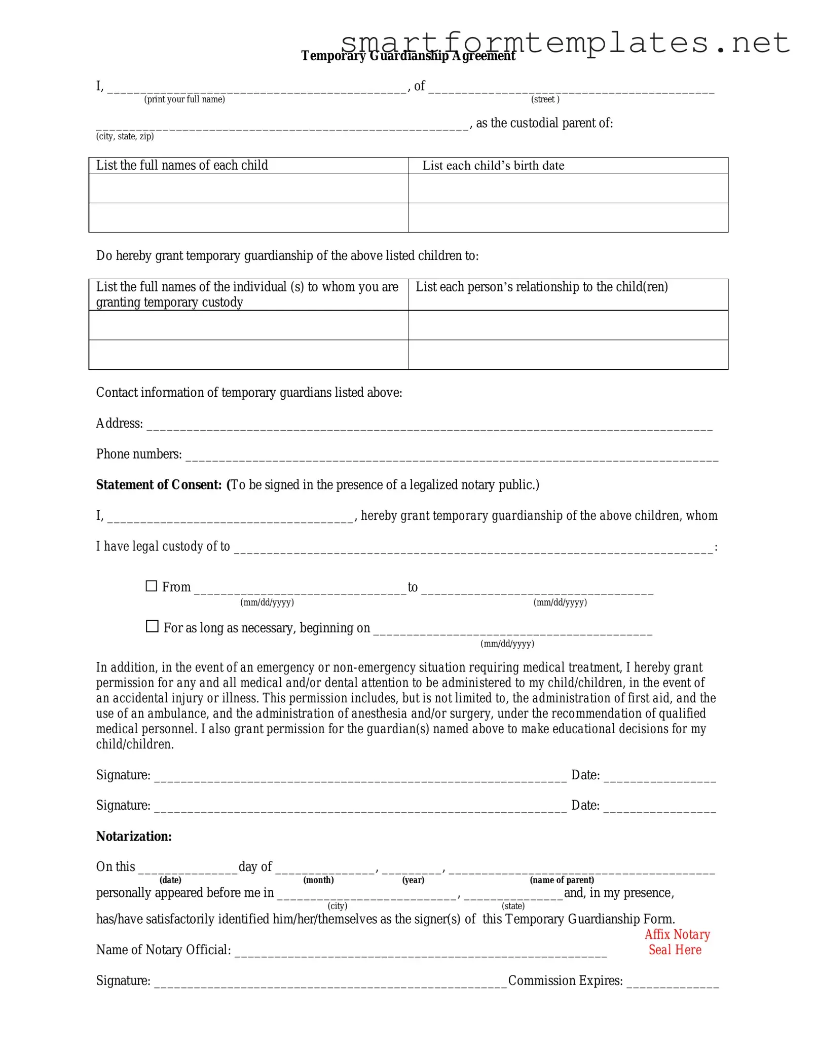 Free Temporary Custody PDF Form