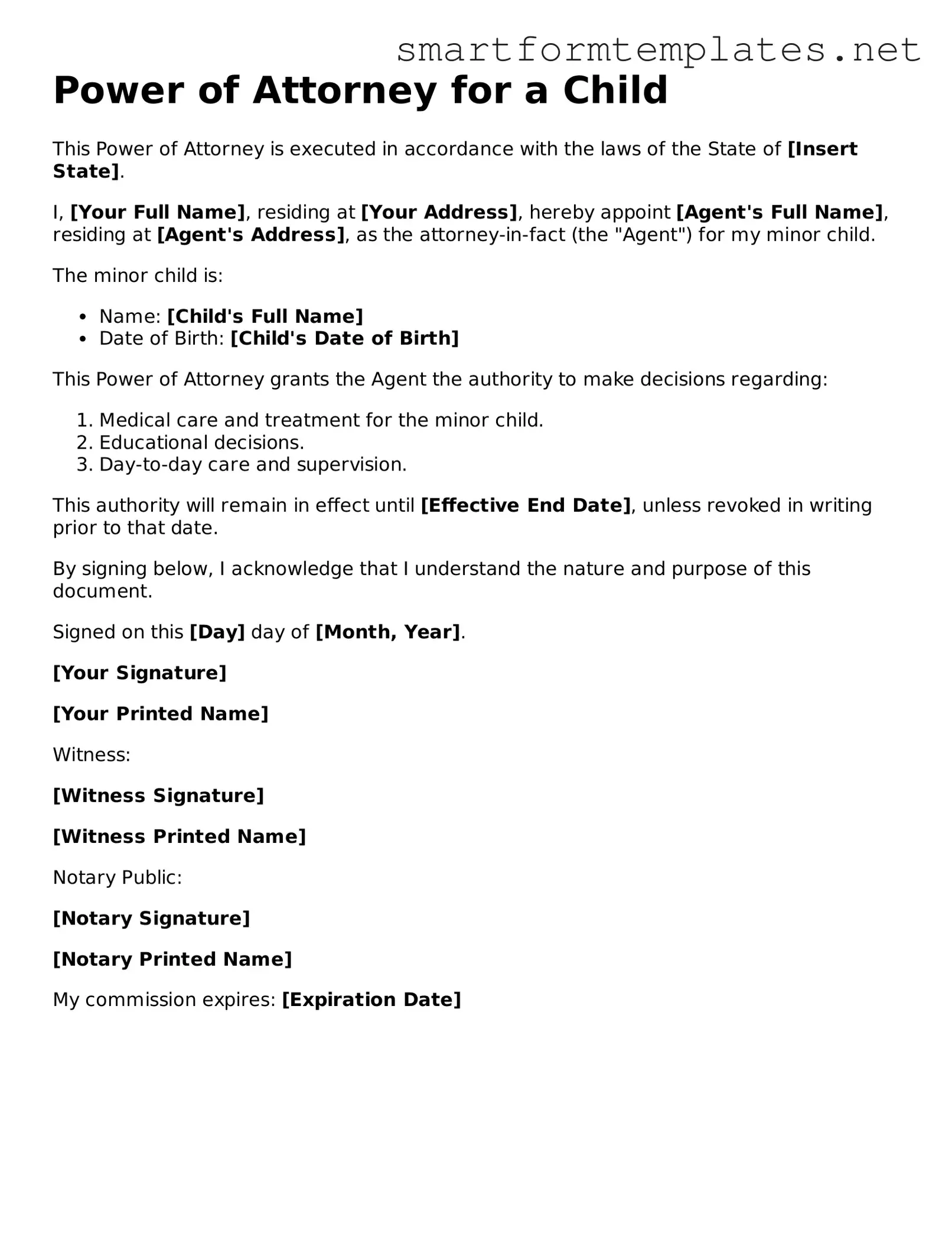 Power of Attorney for a Child Template