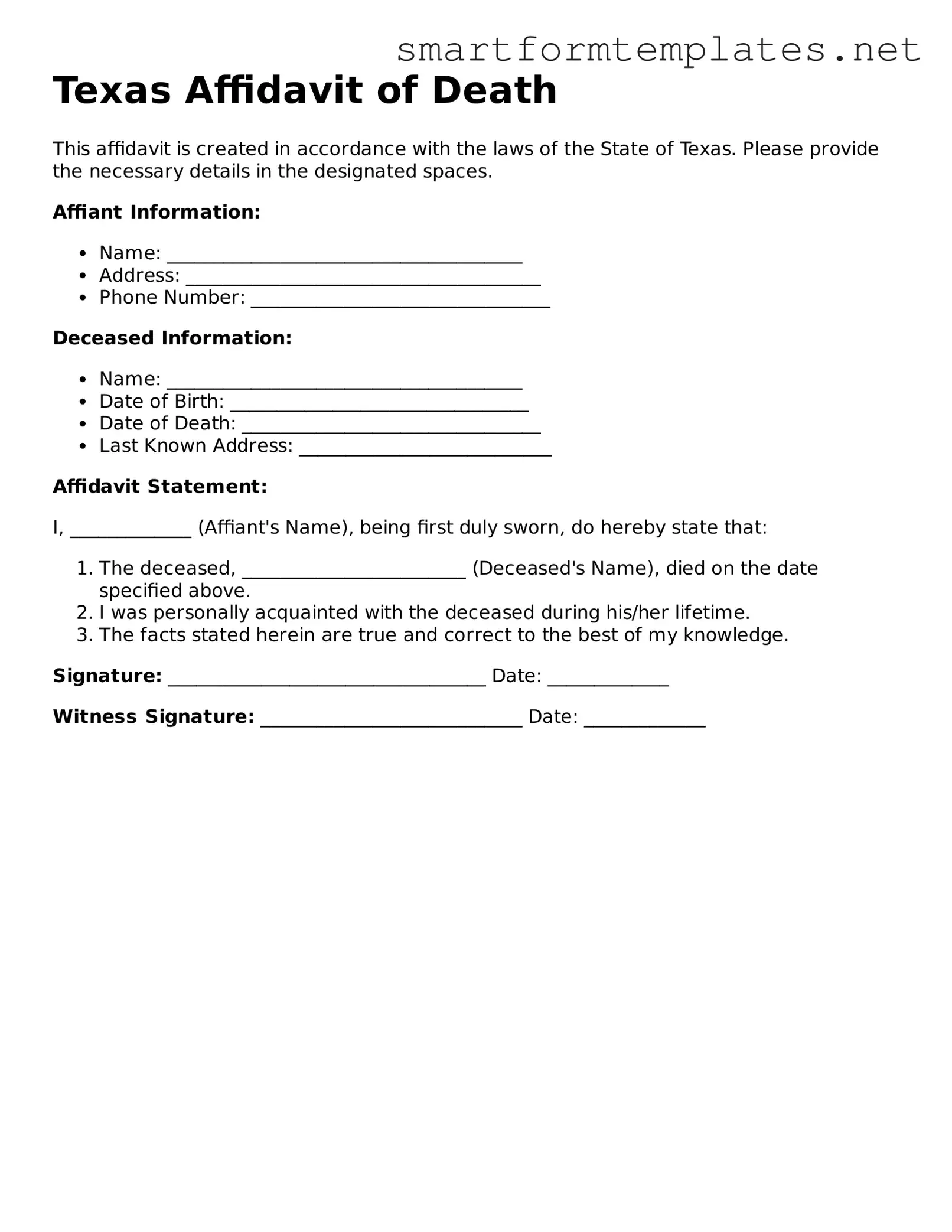 Official Texas Affidavit of Death Form