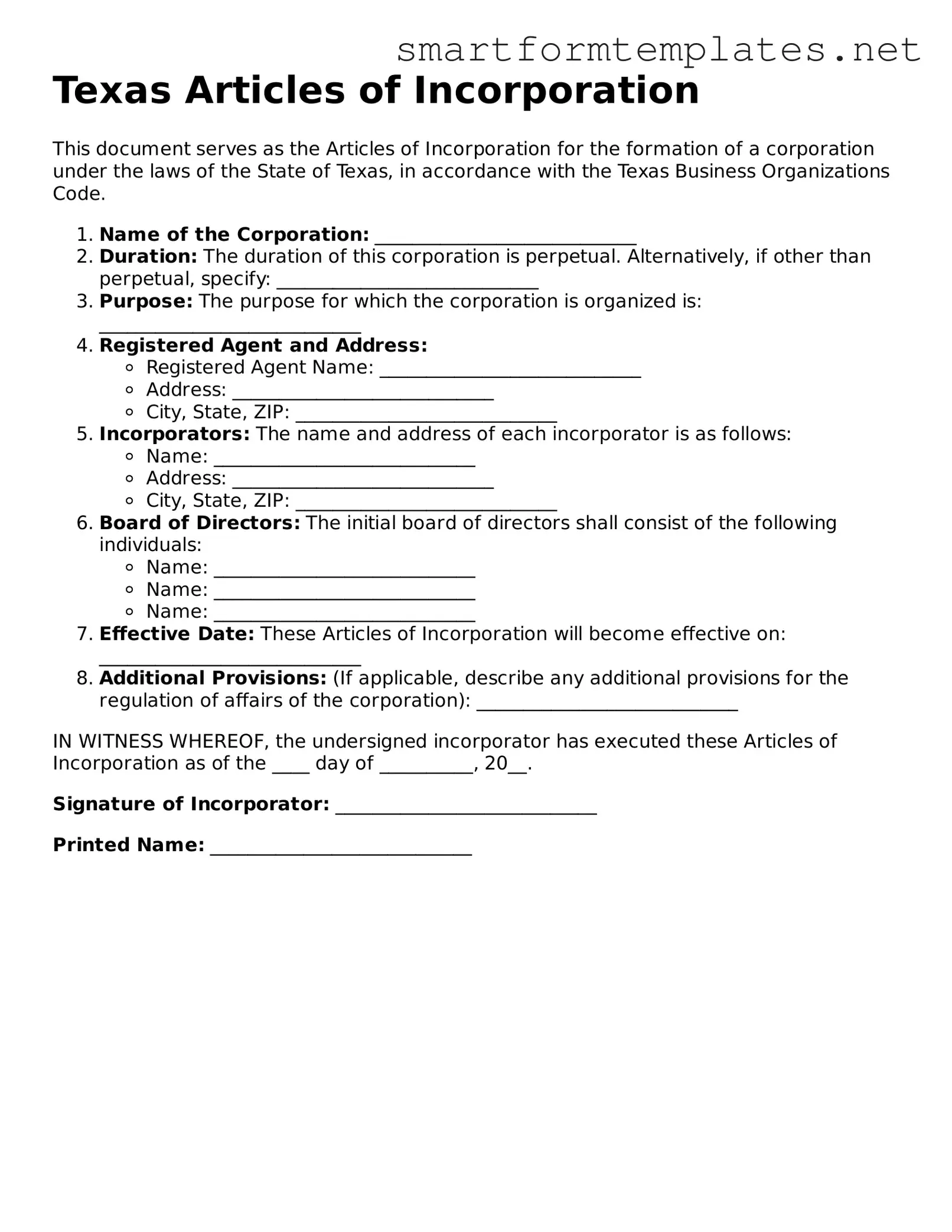 Official Texas Articles of Incorporation Form